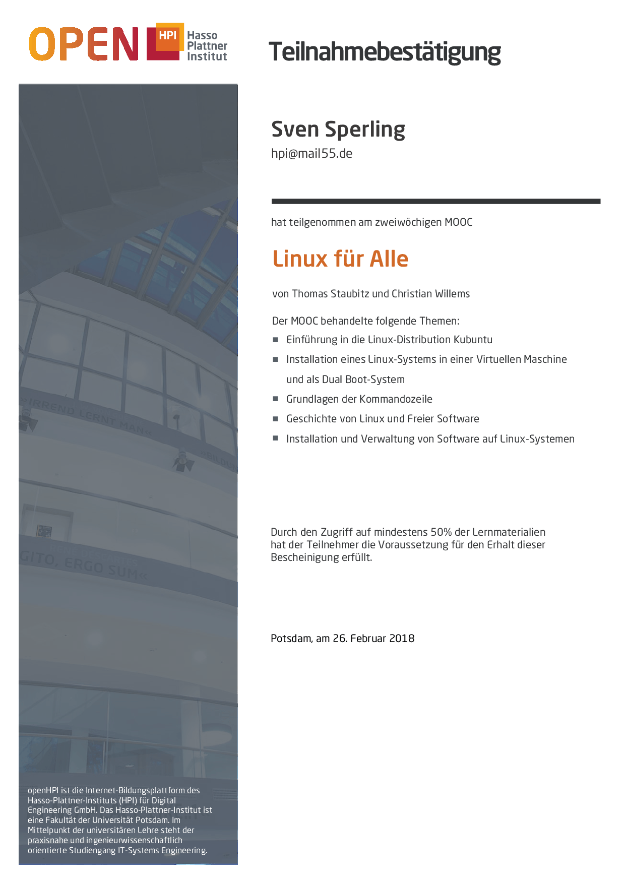 HPI Linux Zertifikat