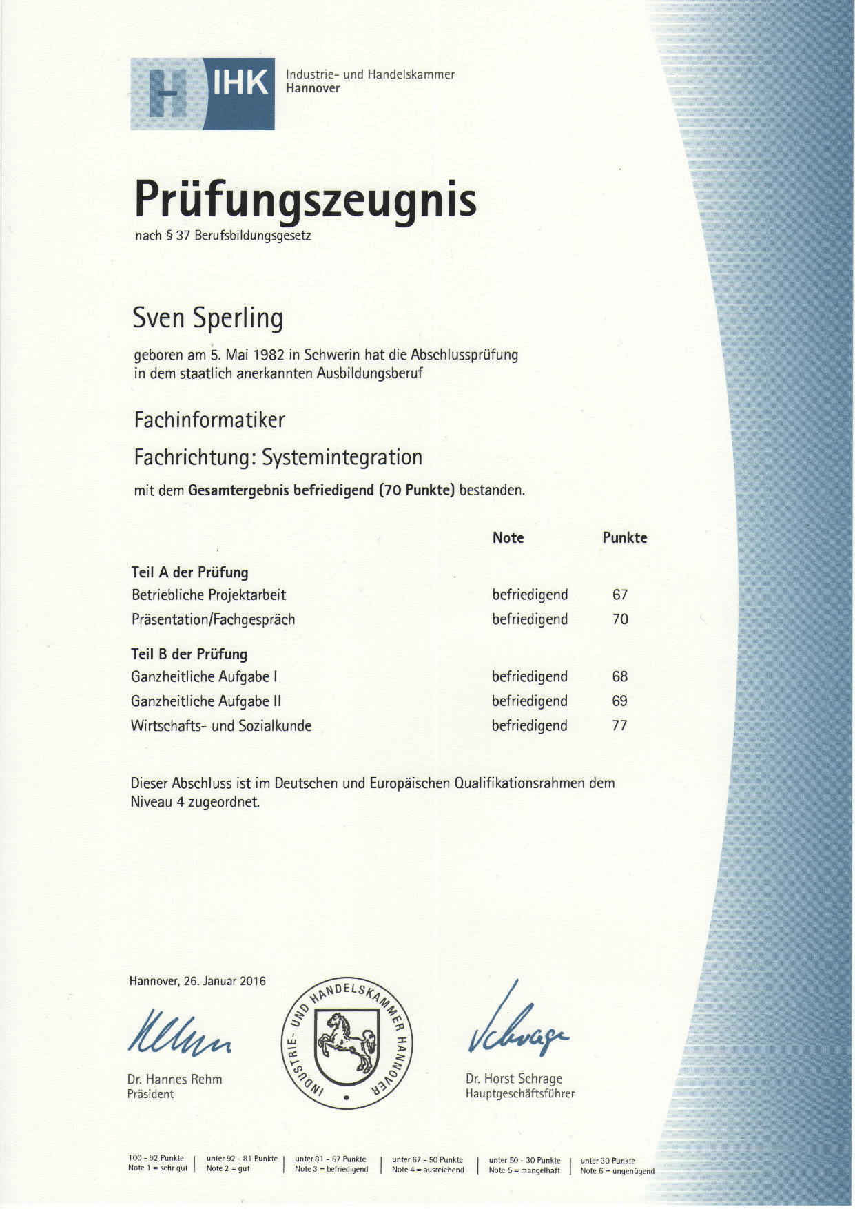 Ihk Hannover Prufungszeugnis Fachinformatiker Systemintegration Edv Sperling De Sven Sperling Fachinformatiker Fur Systemintegration