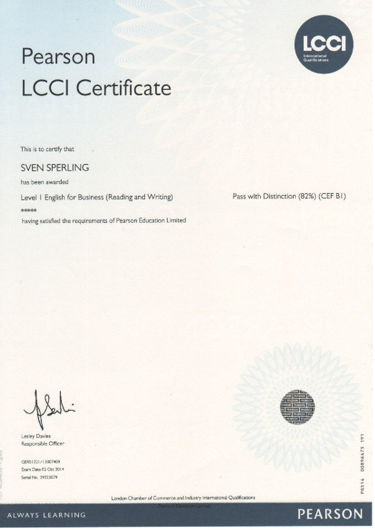 Pearson LCCI Certificate